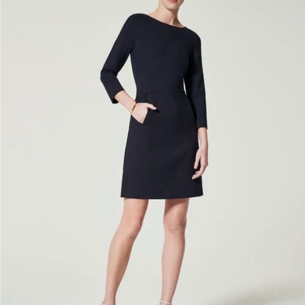 SPANX NWT Perfect Shift Dress Navy Blue 3/4 Sleeve Zipper sleeves size Large
